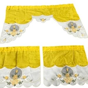 Yellow Rose Melody 3pc Kitchen Cafe Curtain Swag Tier Set Embroidered GOHD